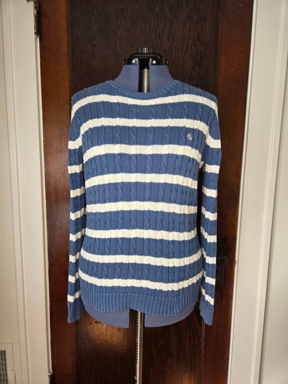 Lauren Ralph Lauren Blue and White Stripe Cotton Crew Neck Cable Knit Sweater